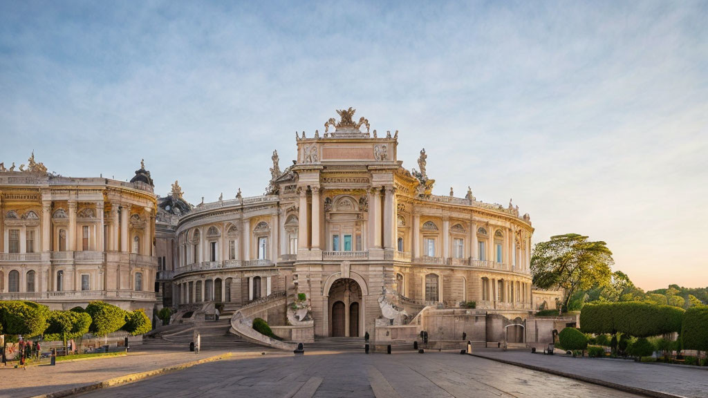 Intricate Classical Building with Sculptures in Manicured Greenery