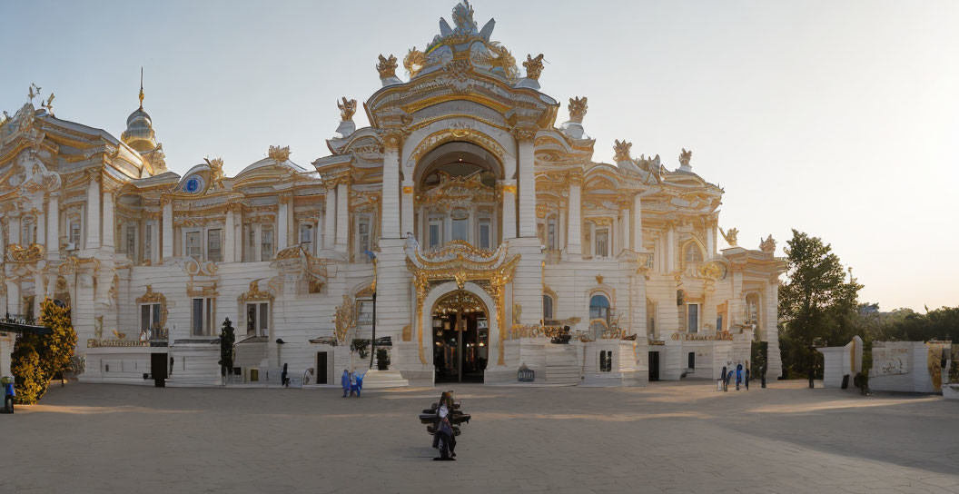 Baroque-style building with golden decorations and domes in sunlight.