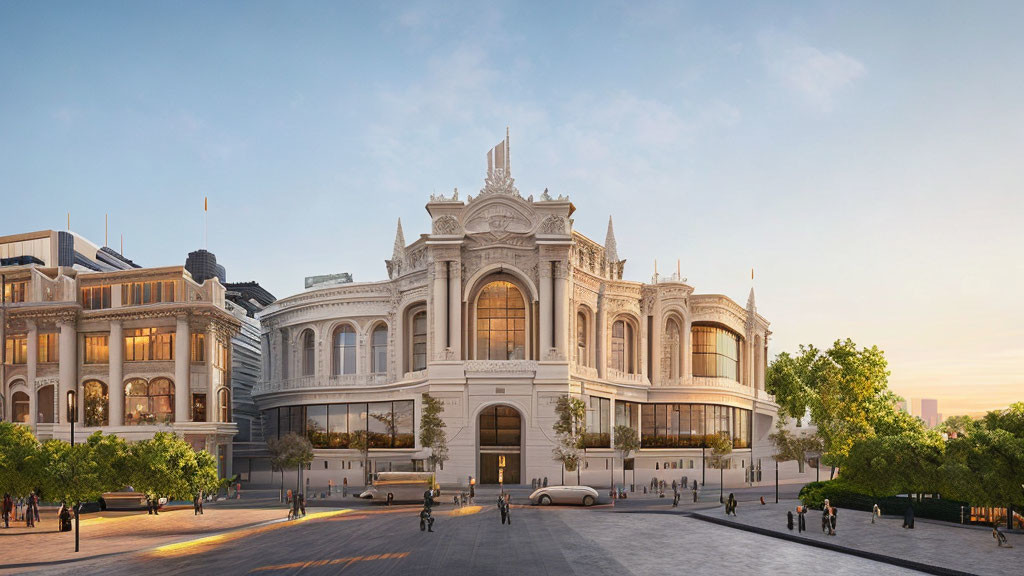 Classical Building with Arched Entrance and Modern Structures in Dusk Sky