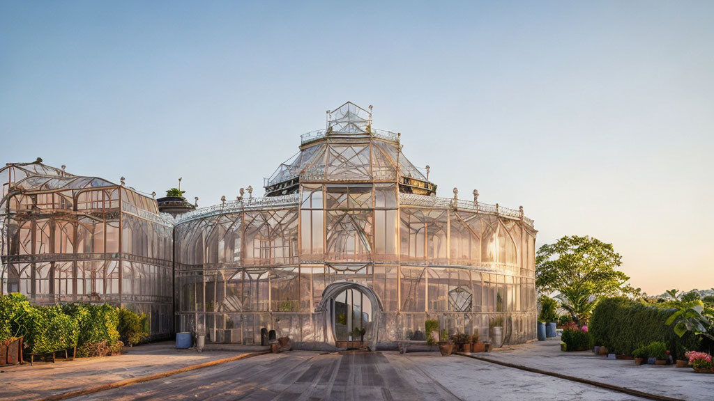 Spacious glasshouse with metal frame and smaller greenhouses at dusk