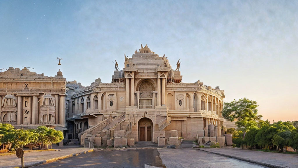 Traditional Indian Palace with Intricate Carvings and Domes at Dawn or Dusk