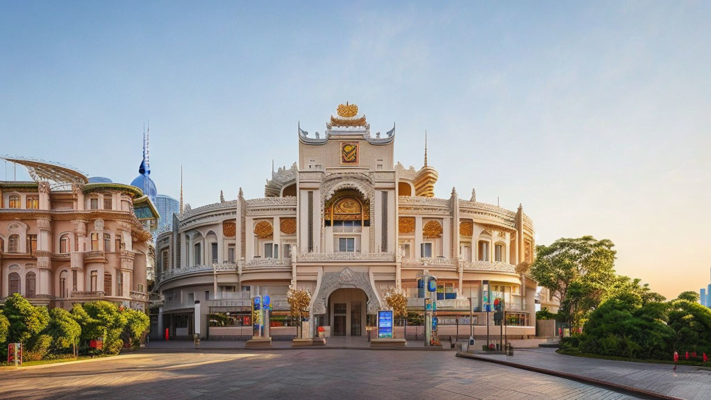 Traditional white building with golden details against serene sky