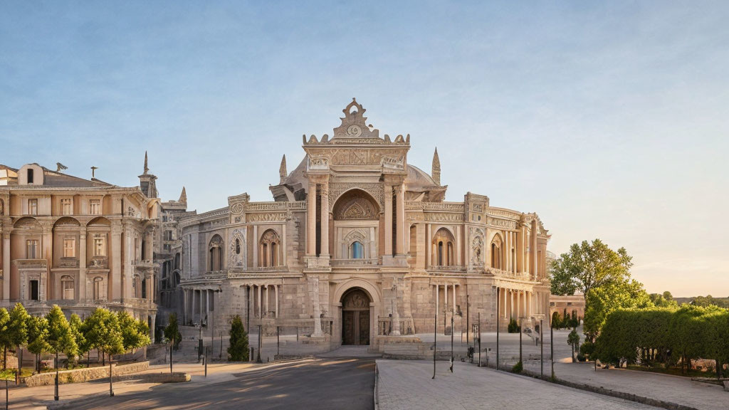 Symmetrical classical building with arched entrance and intricate architecture at dawn or dusk