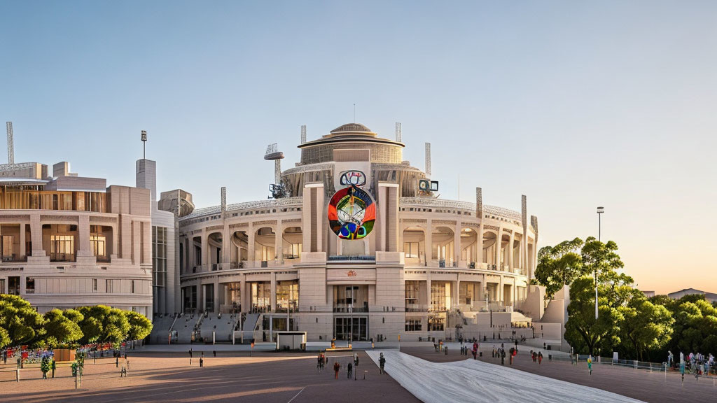 Classical architecture with grand dome and colorful emblem in spacious plaza