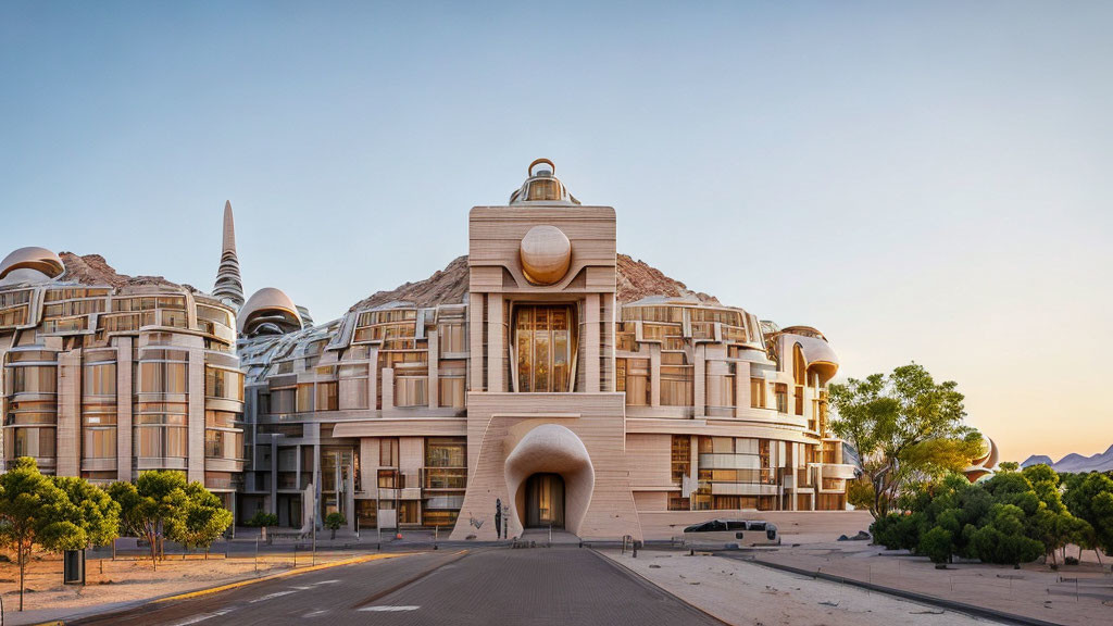 Futuristic building with central dome and spires against mountain backdrop