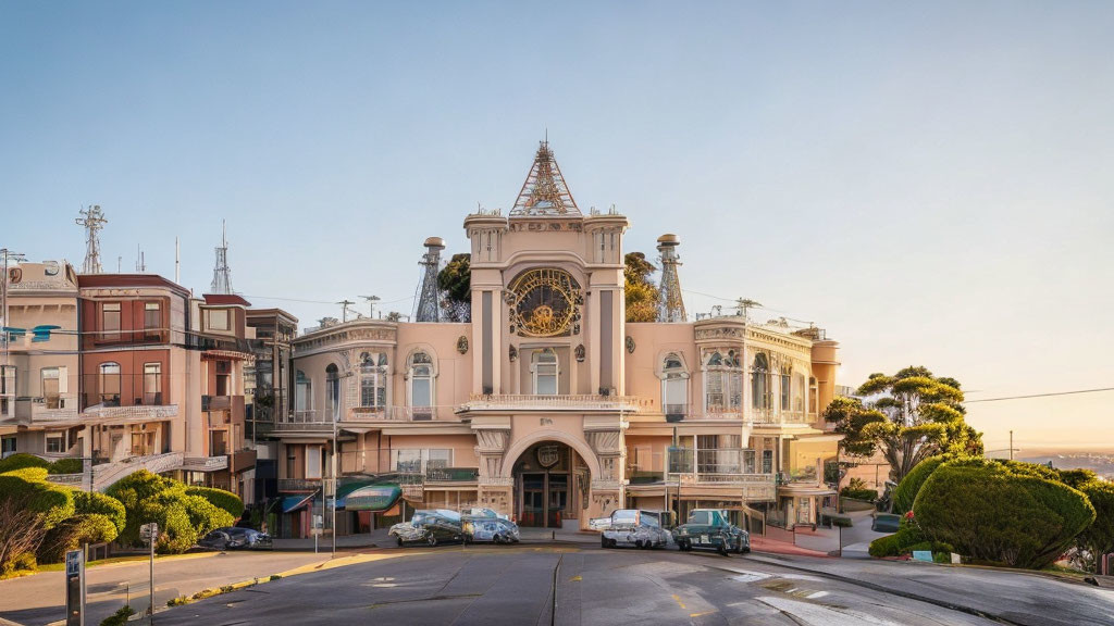 Ornate building with clock tower and balconies at golden hour