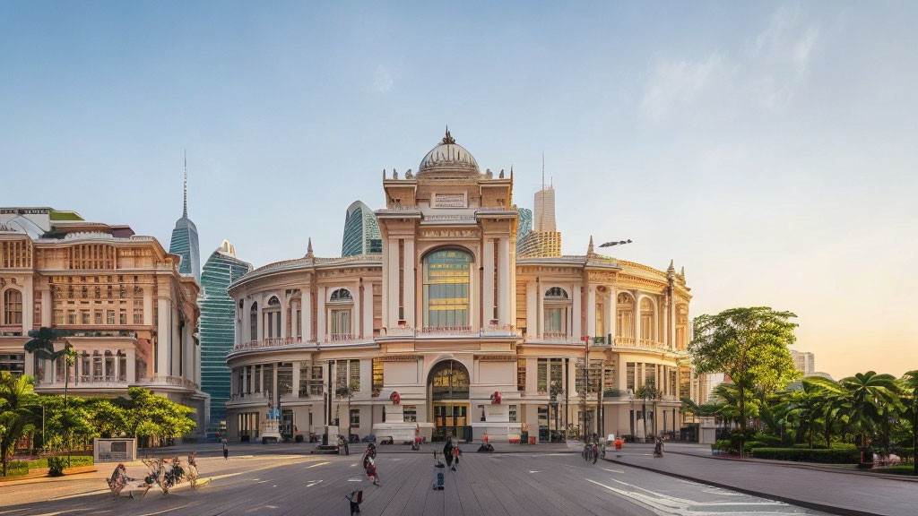 Neoclassical Building with Dome and Arches Surrounded by Modern Skyscrapers and Trees