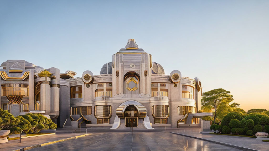 Symmetrical Art Deco-inspired futuristic building with ornate details