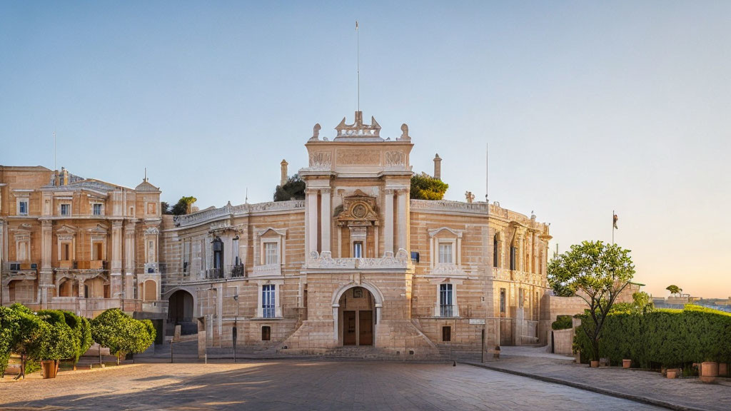 Majestic classical architecture under soft sunlight and clear sky