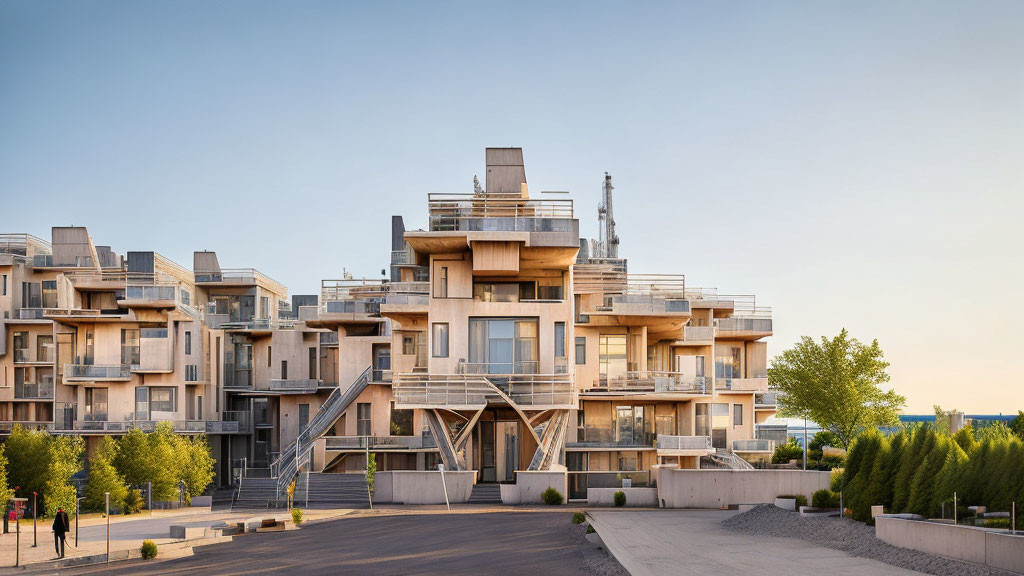 Geometric Design Apartment Complex with Wooden Balconies at Dusk