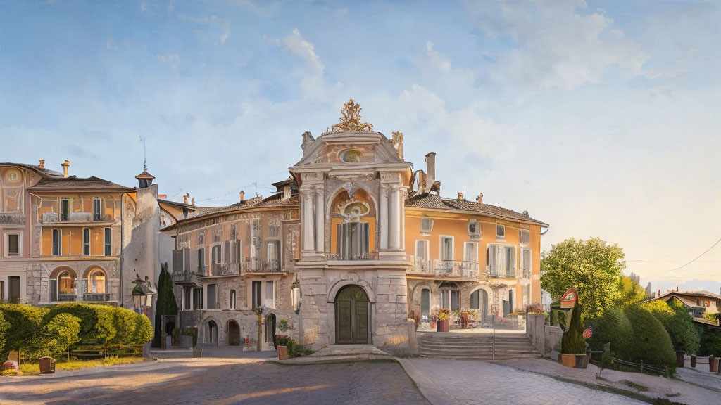 Historic European Buildings on Cobblestone Street under Soft Sunlight