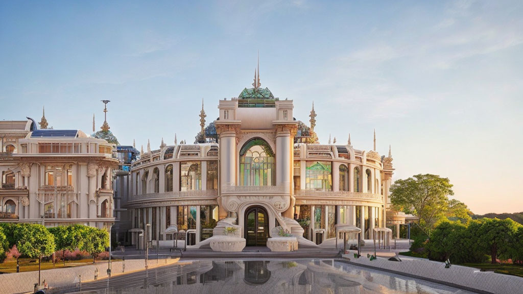 Neoclassical architecture with grand arches and ornate detailing at sunset