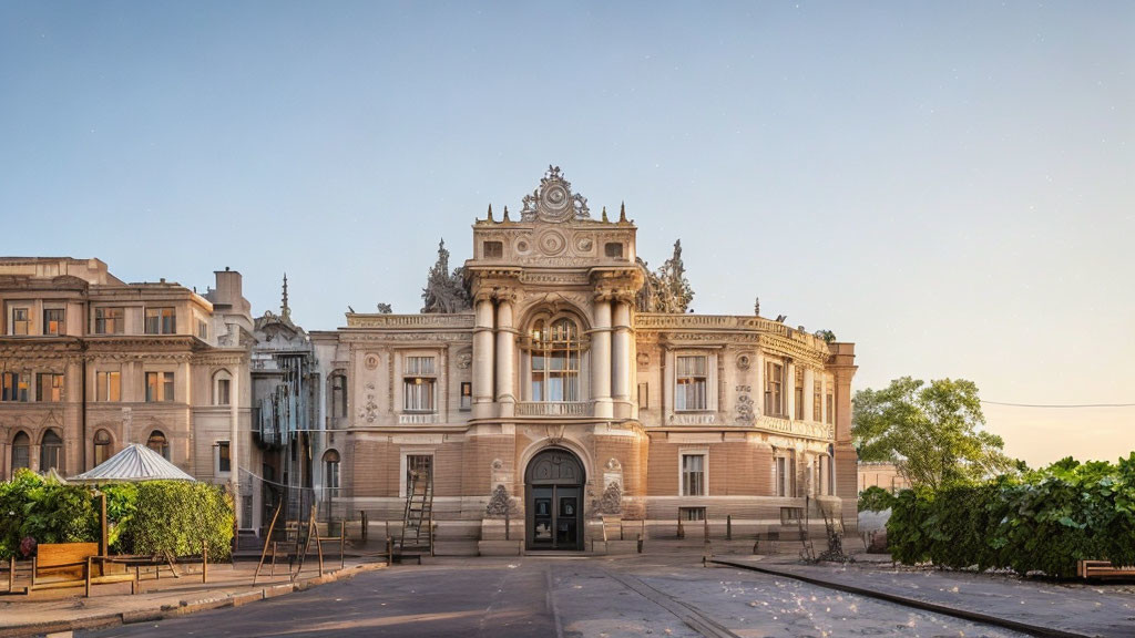 Elaborate Facade and Sculptures on Historic Building at Dusk