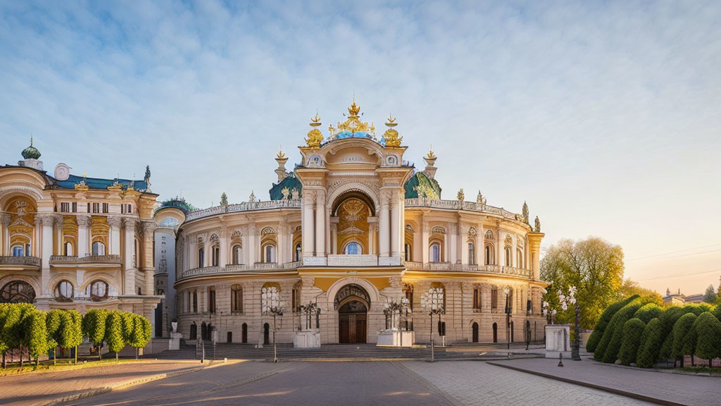 Baroque-style building with golden statues under clear blue sky