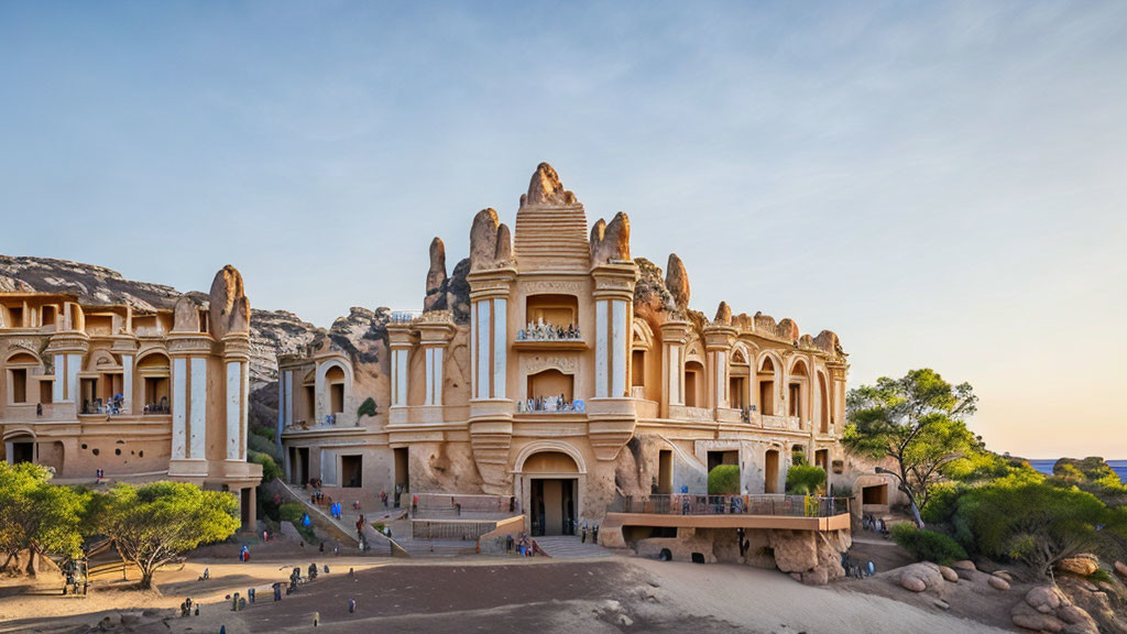 Multi-leveled sandstone palace with arches and balconies against clear skies