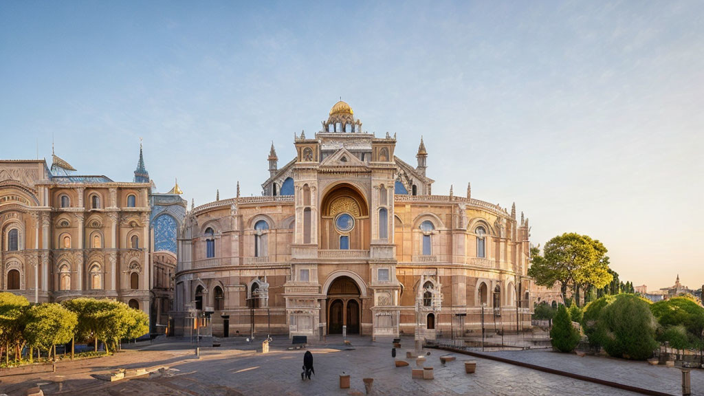 Ornate building with arched doorways and golden dome in a scenic plaza