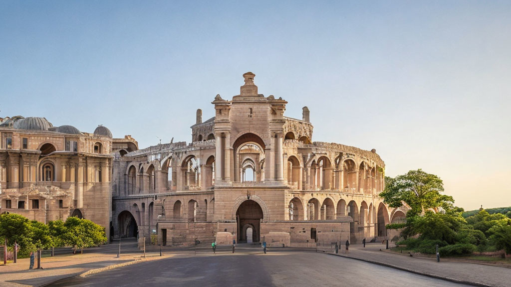 Historical building with grand archway and columns under blue sky