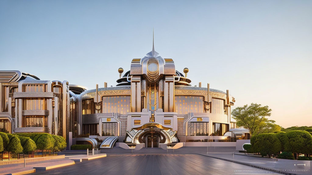 Art Deco-inspired futuristic building with golden accents and symmetrical design.