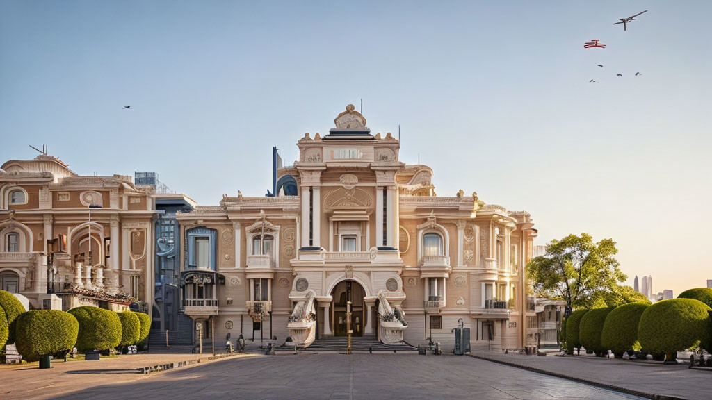 Classical Building with Sculptures, Topiary Trees, and Birds in Flight