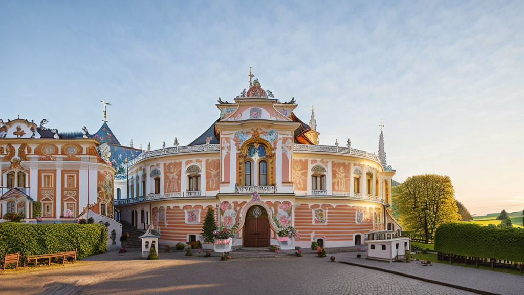 Baroque Style Palace with Pastel Pink and Blue Facades and Landscaped Courtyard at Golden