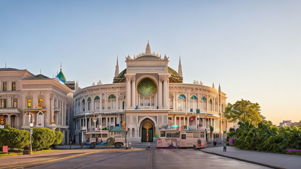 Ornate Building with Arched Windows and Palm Trees at Sunset