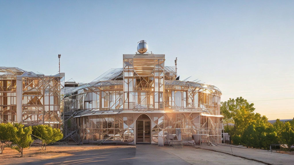 Glass building with metal framework in nature setting at dusk