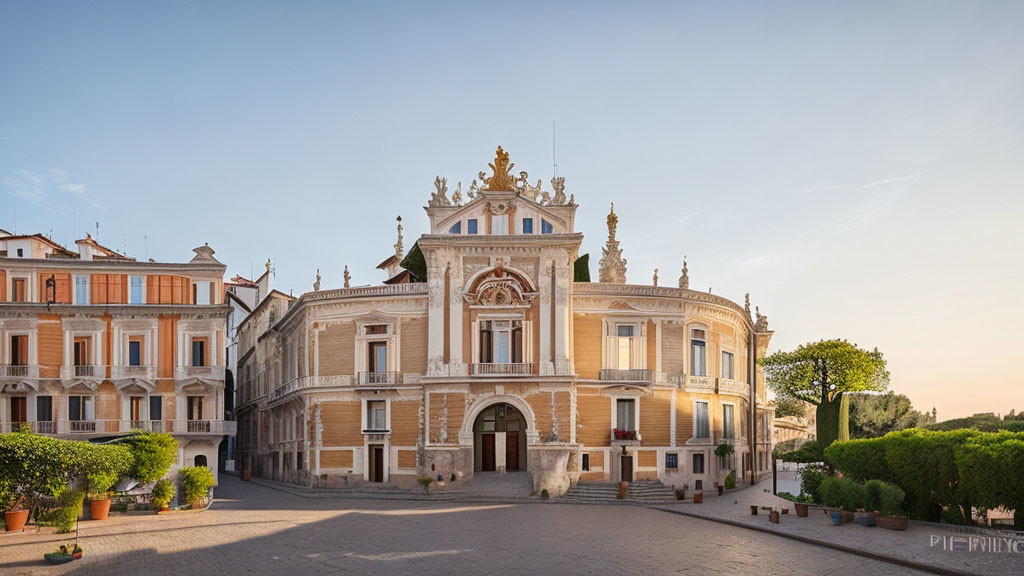 Historical Baroque Building with Symmetrical Structures at Dawn or Dusk