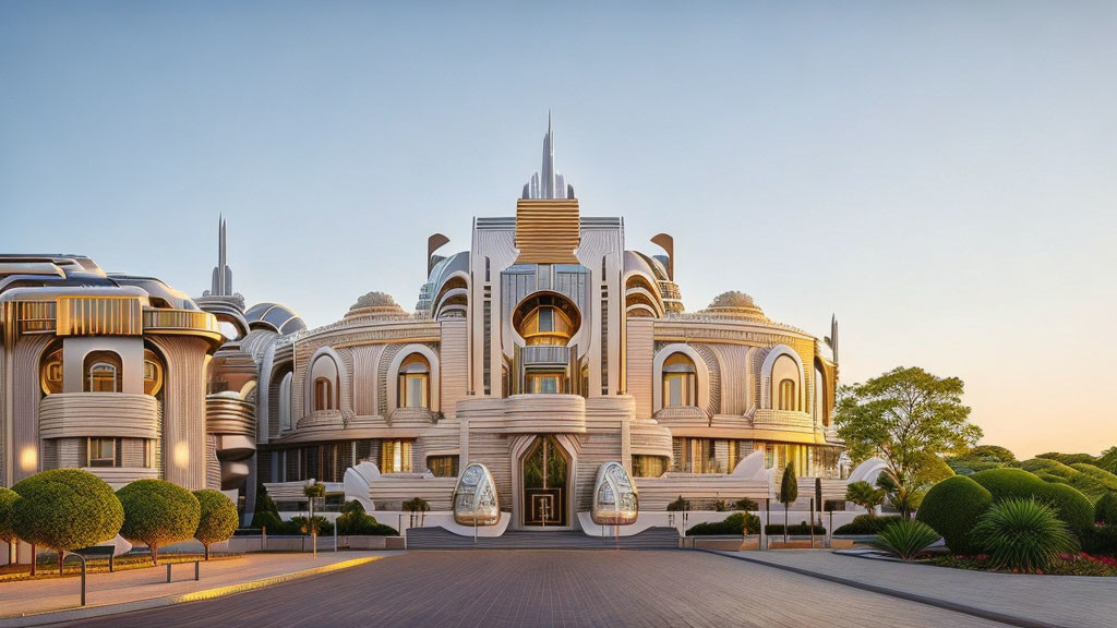 Futuristic architecture with domed roofs and ornate details in landscaped gardens at twilight