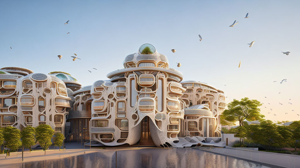 Organic honeycomb-like futuristic architecture with birds and trees