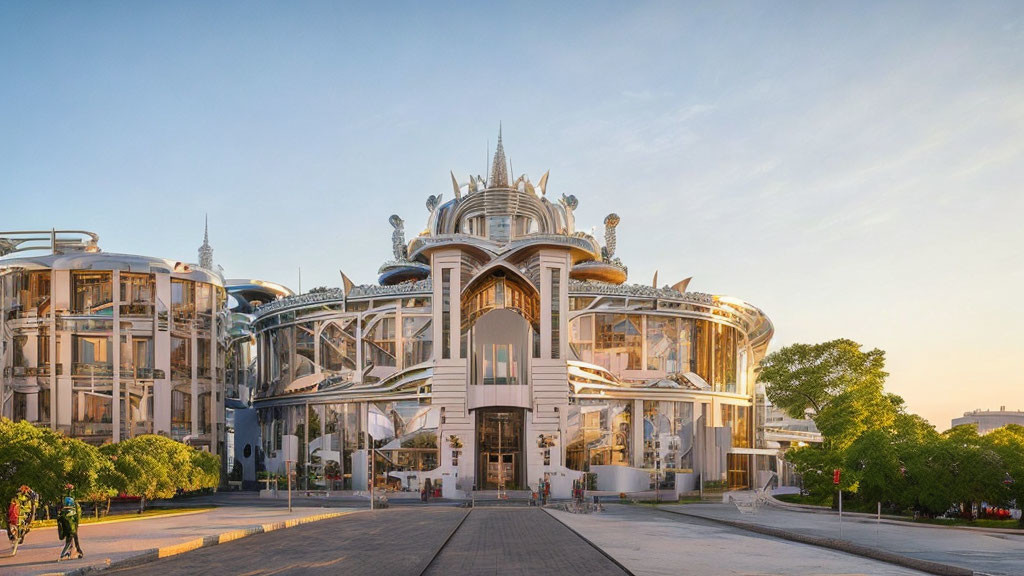 Modern building with white arches and domes in a paved area at sunset