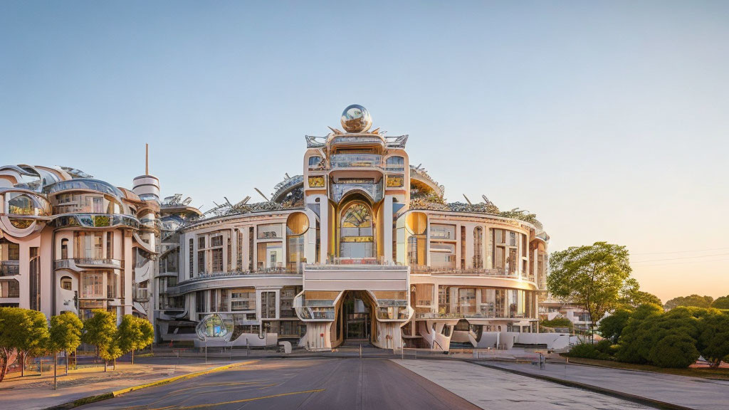 Futuristic building with ornate details and metallic spheres in golden hour