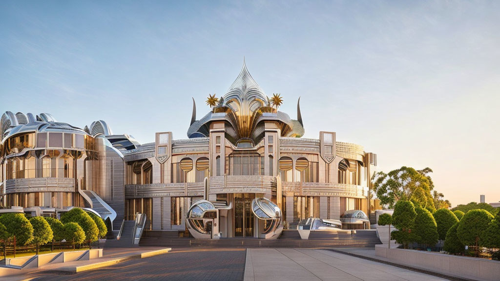 Futuristic building with domed roofs and metallic details at sunset