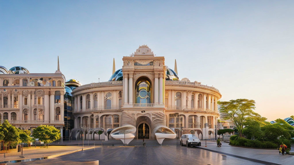 Classical architecture meets modern design in golden-lit building scene