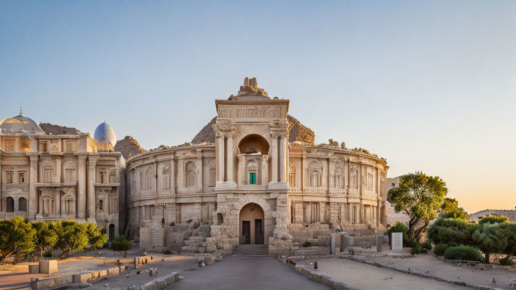 Ornate sandstone building with domes and arches against blue sky