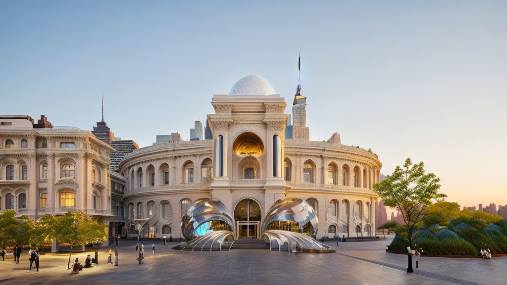 Blend of modern and classical architecture in large circular building with dome and reflective entryways against urban backdrop at