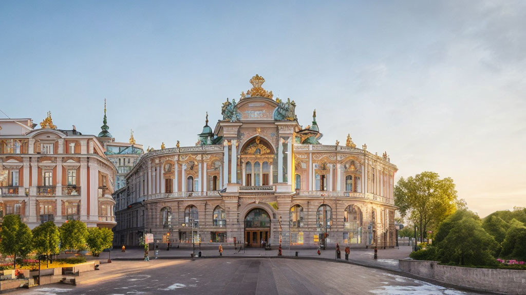 Ornate palace with gilded accents at dusk