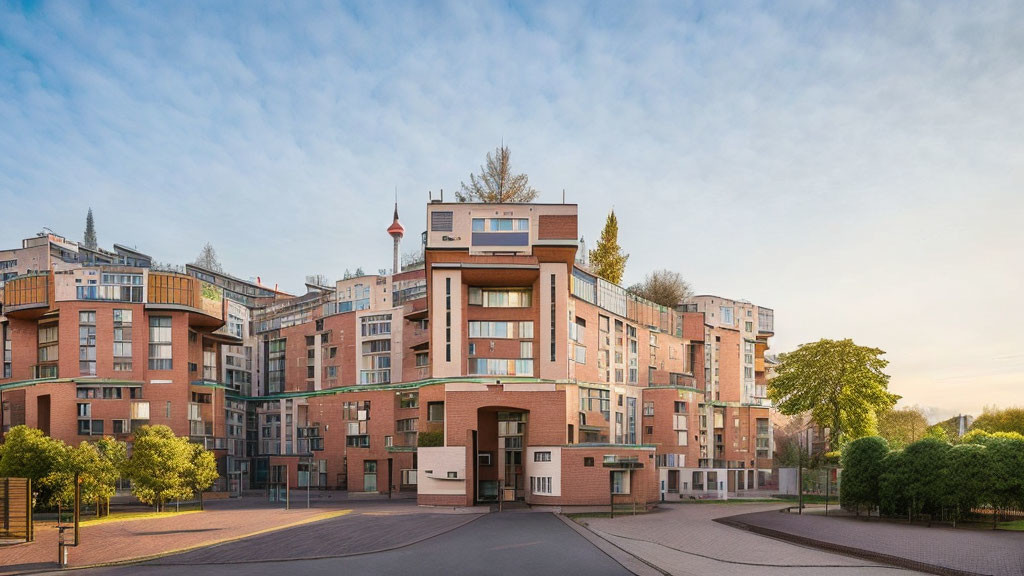 Modern multi-story residential building with red brick facade, large windows, and balconies against a blue sky