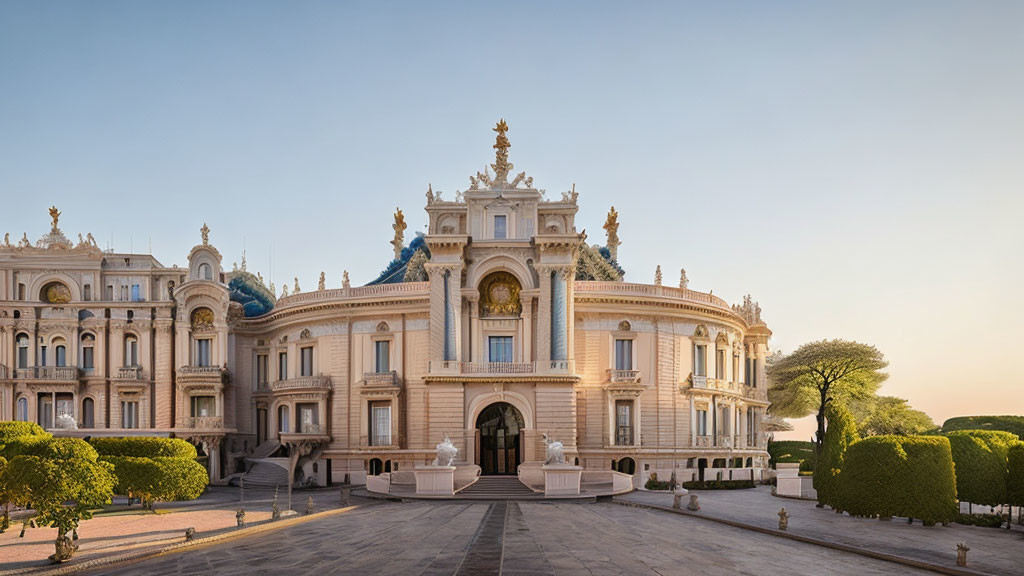 Opulent palace with white facades, grand staircases, and gilded clock at dusk