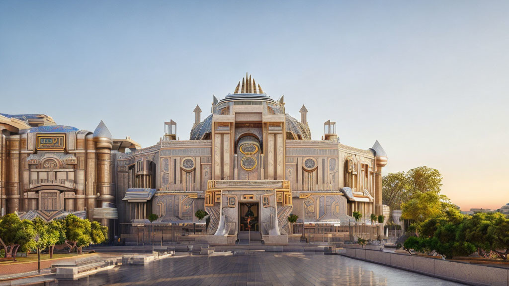 Symmetrical building with central dome and blue sky