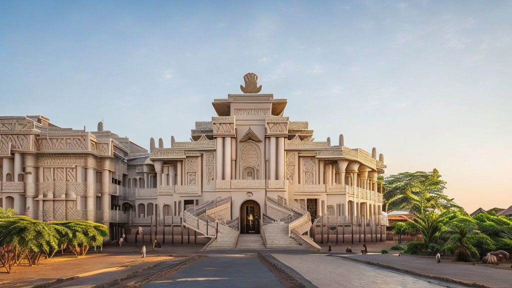 Traditional architectural building with grand staircase and palm trees under clear sky