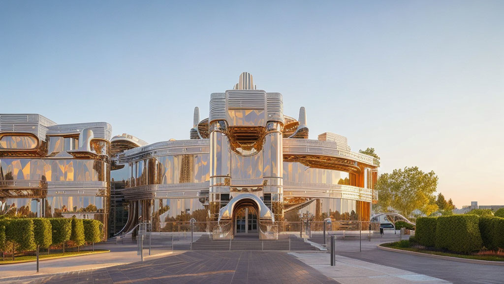 Art Deco style modern building with metallic structures and glass paneling at sunrise or sunset