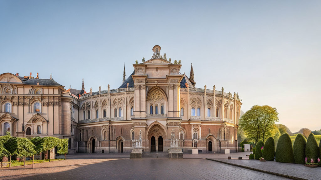 Neo-Gothic building with arched doorways and intricate façades at dusk