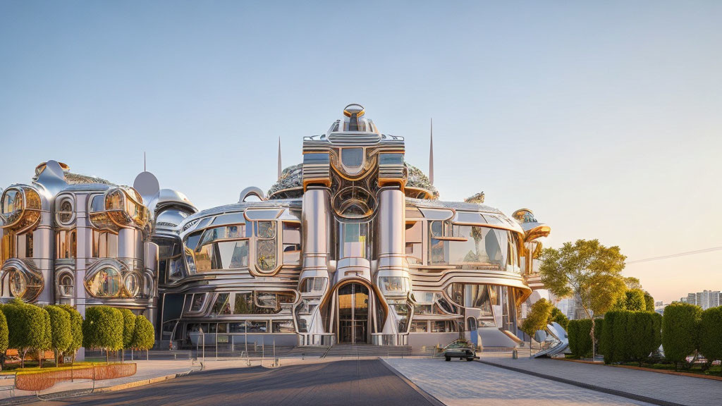 Metallic domes and intricate design in futuristic architecture at sunset