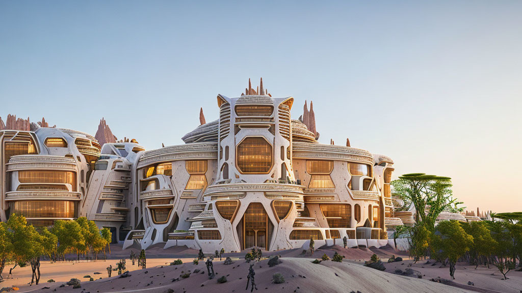 Futuristic desert city architecture with dome-like buildings and advanced design