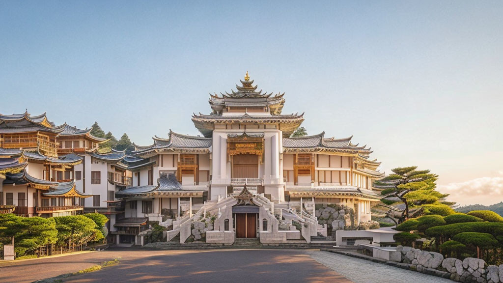 Traditional East Asian Palace with Intricate Roofs and Manicured Bushes