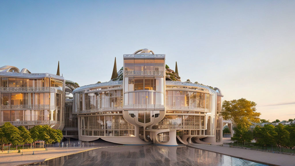 Curved Glass Facade Building Amid Greenery at Dusk