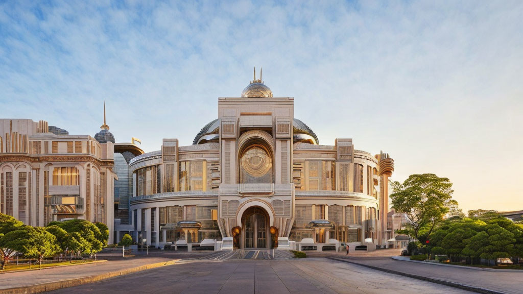 Classical building with central dome and symmetrical wings at dusk or dawn