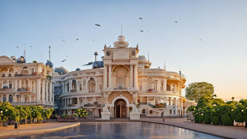 Historic building with ornate architecture and domes under clear sky