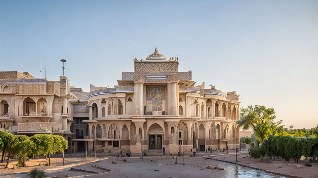 Traditional building with arches and intricate designs amidst palm trees under clear sky