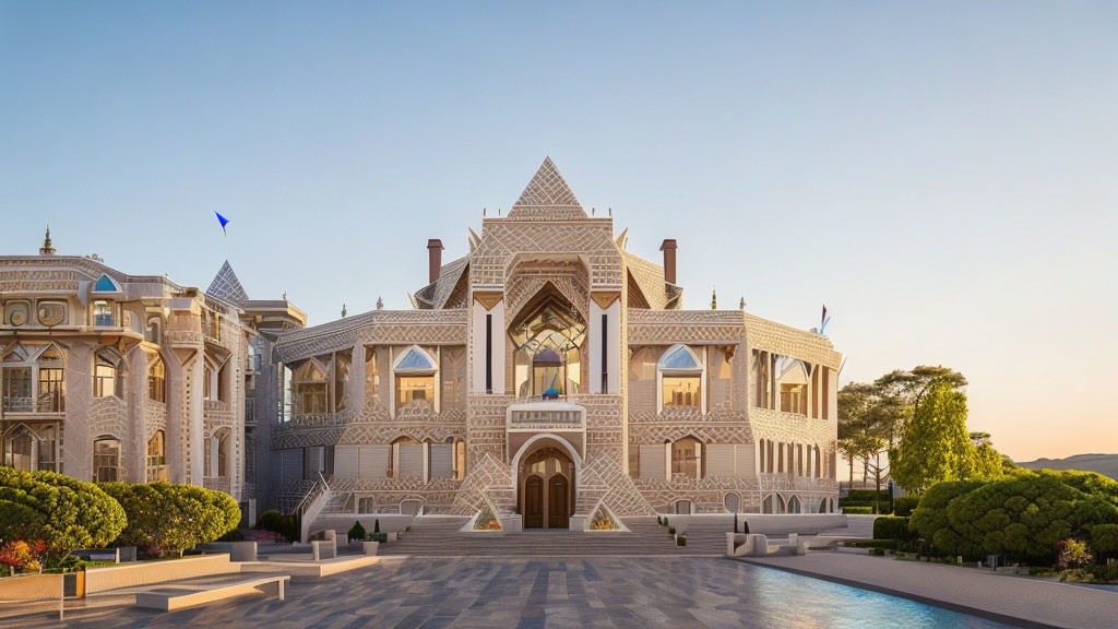 Ornate building with white facade and geometric patterns beside classic architecture at sunset